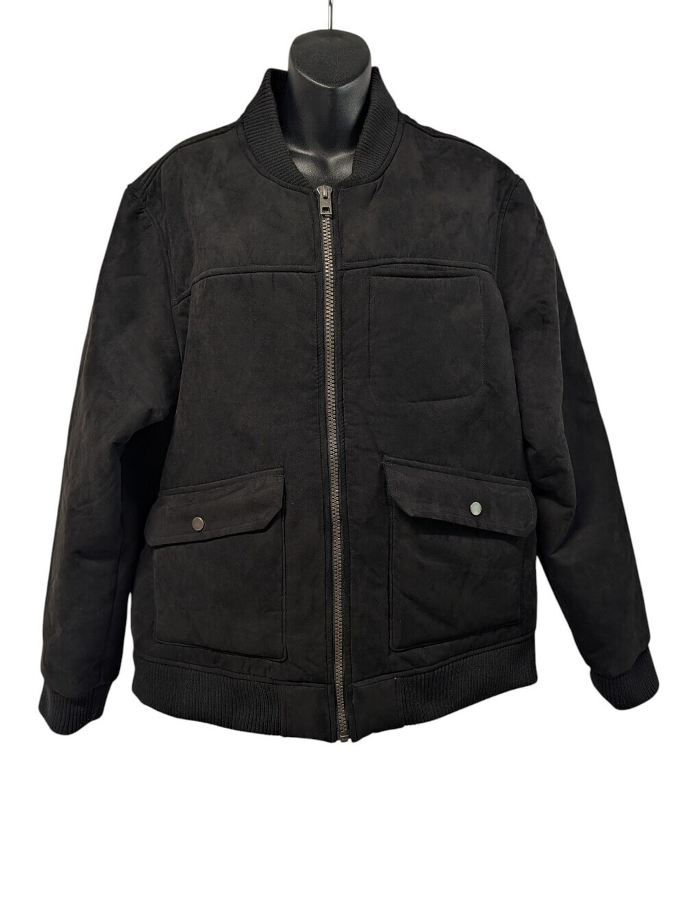 George Men's Black Faux Suede Bomber Jacket Sherpa Lined Full Zip Size Large L